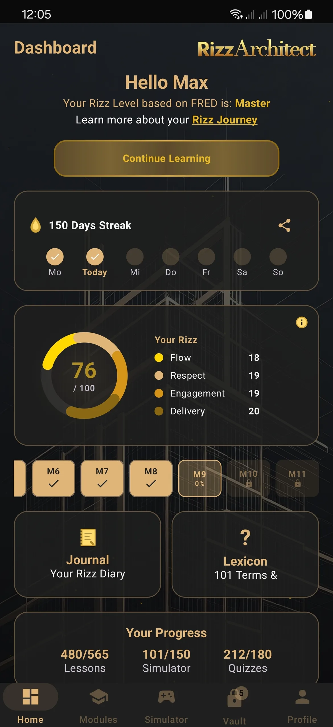 Morning dashboard with daily lessons
