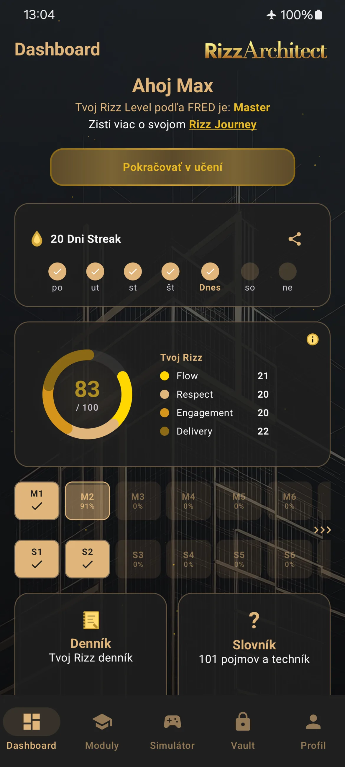 Dashboard aplikácie RizzArchitect s FREDom