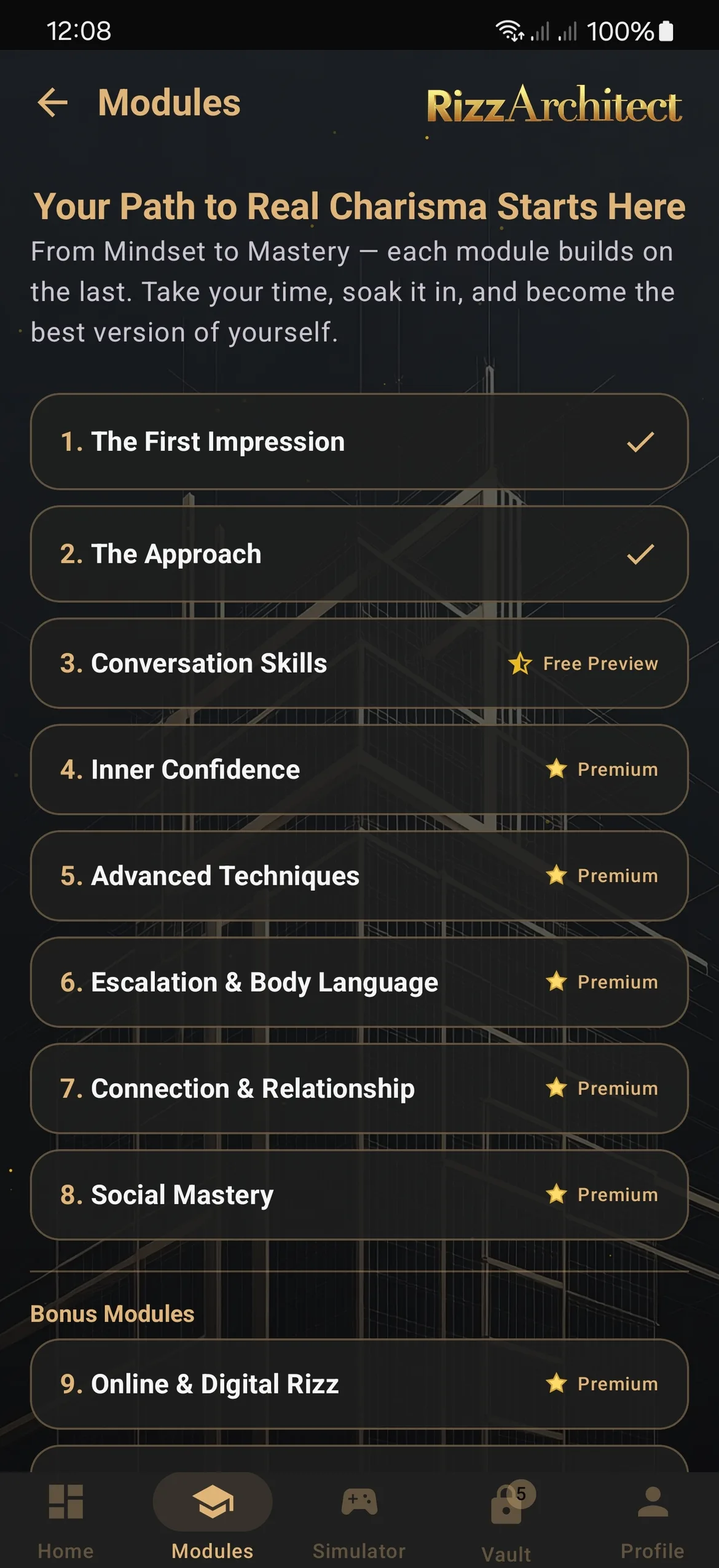 Module overview with lessons, quizzes and challenges
