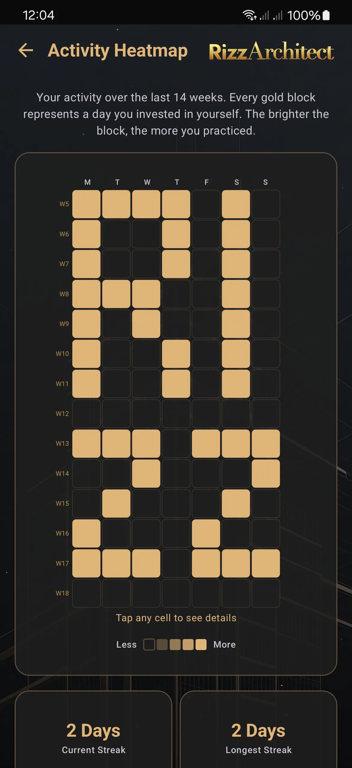 Activity heatmap with RIZZ animation and streak counter